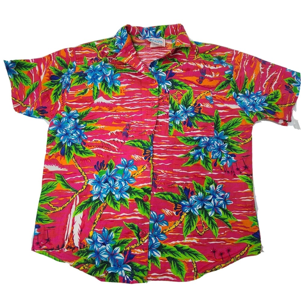 Vintage Beverly Hills Blues Size Medium Hawaiian Flower Aloha Shirt Made in USA